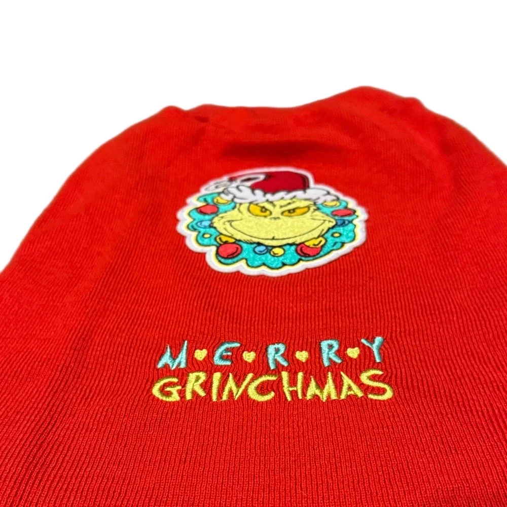 Dr. Seuss Red Grinch Dog Sweater with Merry Grinchmas” saying